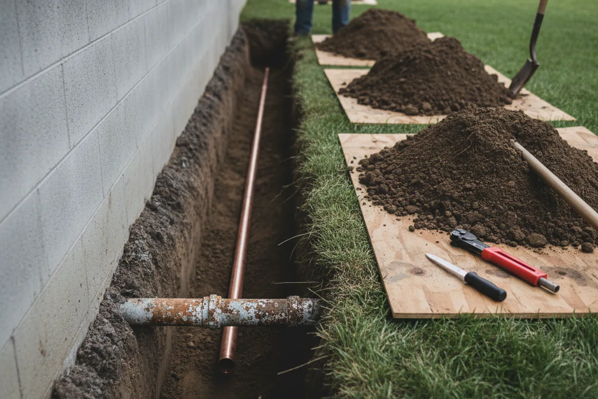 Excavated water line trench during Water Softener Installation in Uniondale